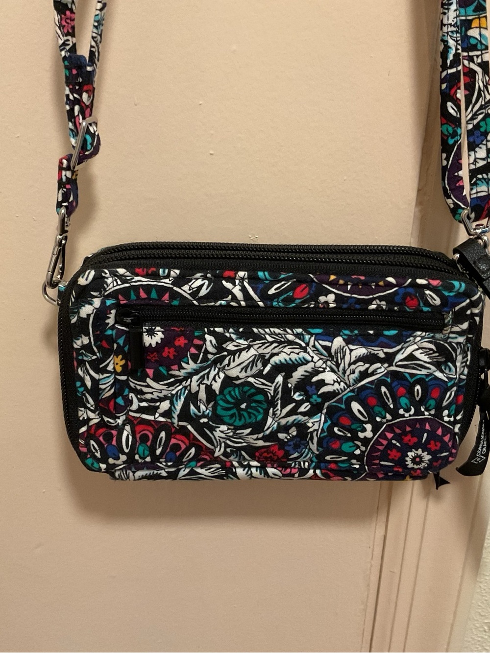 Vera Bradley Black Floral Print Crossbody with Teal & Magenta Accents